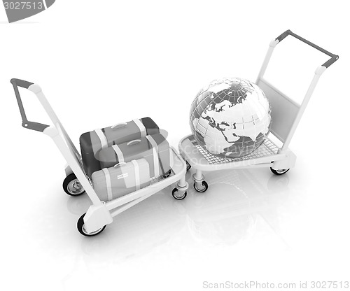 Image of Trolley for luggage at the airport and earth. International tour