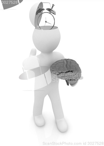 Image of 3d people - man with half head, brain and trumb up. Time concept