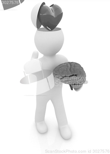 Image of 3d people - man with half head, brain and trumb up. Love concept