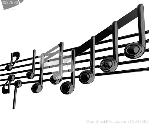 Image of Various music notes on stave. Black 3d