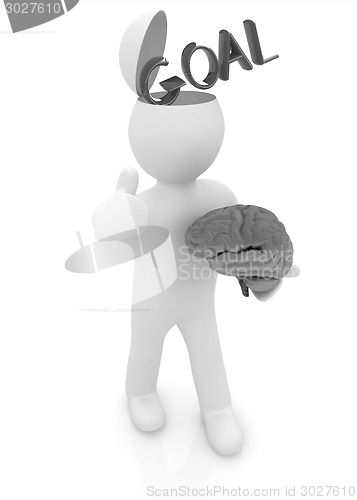 Image of 3d people - man with half head, brain and trumb up. Goal concept