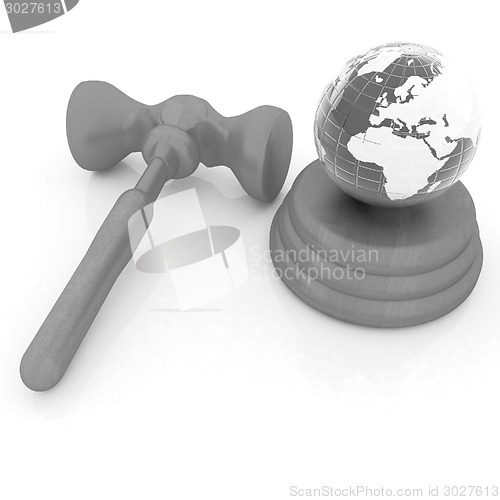 Image of Wooden gavel and earth isolated on white background. Global auct