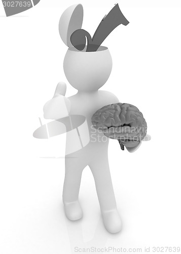 Image of 3d people - man with half head, brain and trumb up. Choice conce