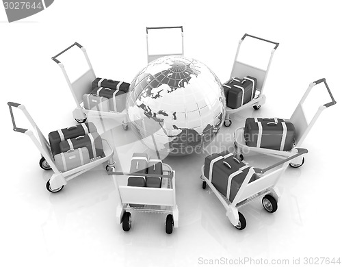 Image of Trolley for luggage at the airport and earth. International tour