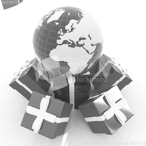 Image of Traditional Christmas gifts and earth. Global holiday concept 