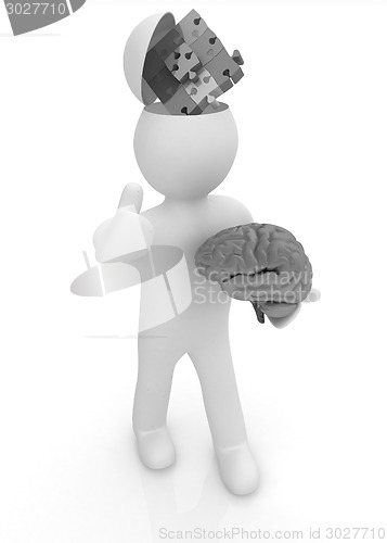 Image of 3d people - man with half head, brain and trumb up. Idea concept