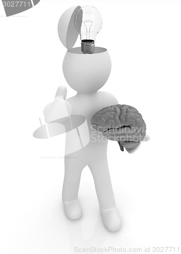 Image of 3d people - man with half head, brain and trumb up. Idea concept