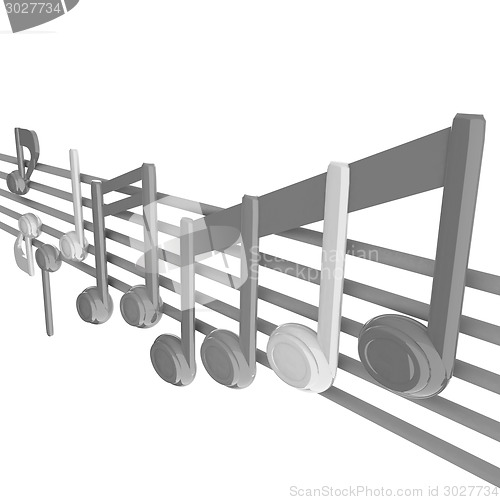 Image of Various music notes on stave. Colorfull 3d