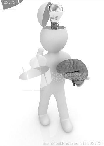 Image of 3d people - man with half head, brain and trumb up. Idea concept