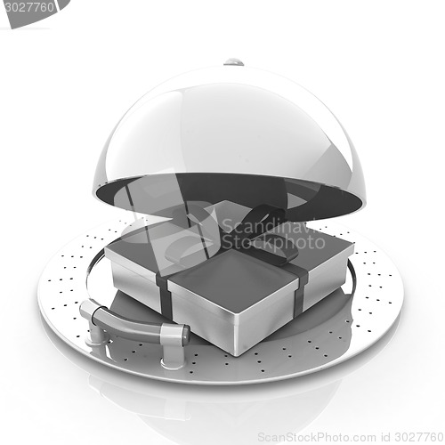 Image of Illustration of a luxury gift on restaurant cloche on a white ba