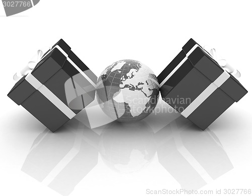 Image of Traditional Christmas gifts and earth. Global holiday concept 