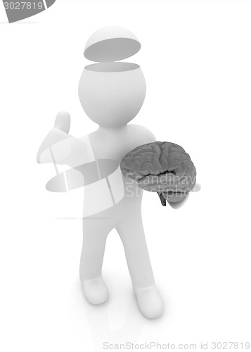 Image of 3d people - man with half head, brain and trumb up. 