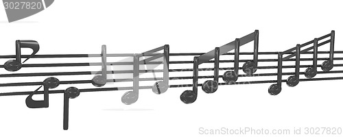 Image of Various music notes on stave. Red 3d