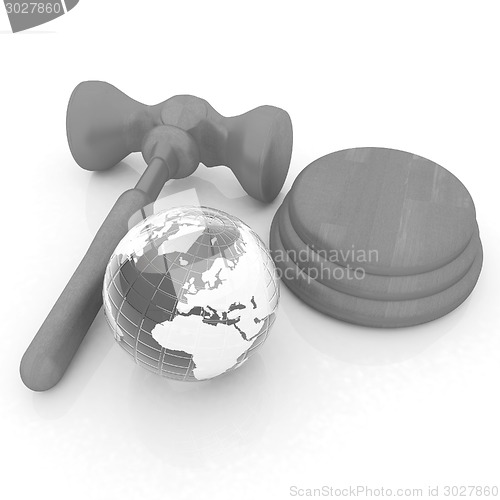 Image of Wooden gavel and earth isolated on white background. Global auct