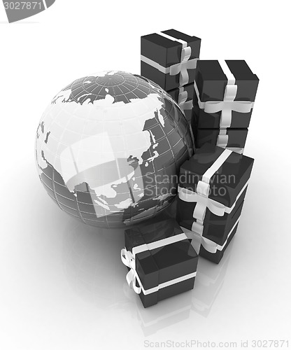 Image of Traditional Christmas gifts and earth. Global holiday concept 