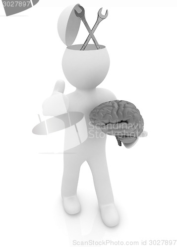 Image of 3d people - man with half head, brain and trumb up. Service conc