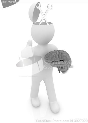 Image of 3d people - man with half head, brain and trumb up. Service conc