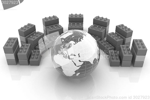 Image of Building blocks efficiency concept on white. Globall with earth