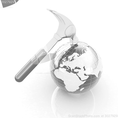 Image of Hammer and earth on white background 