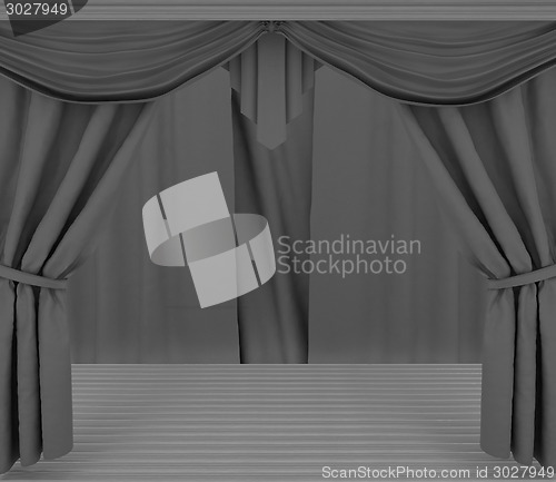 Image of Red curtains and wooden scene floor 