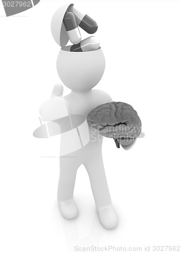 Image of 3d people - man with half head, brain and trumb up. Medical conc