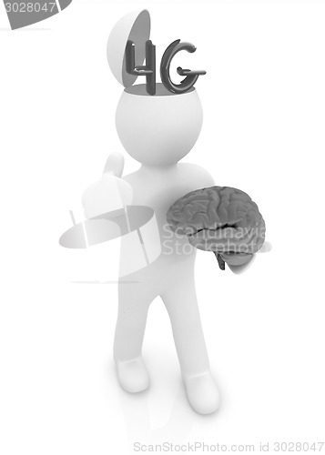 Image of 3d people - man with half head, brain and trumb up. 4g modern in