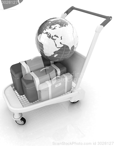 Image of Trolley for luggage at the airport and earth. International tour