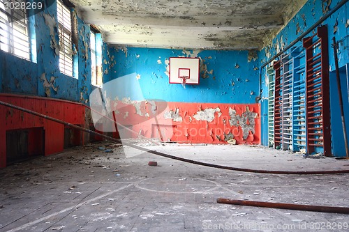 Image of old sports hall at school with a basketball