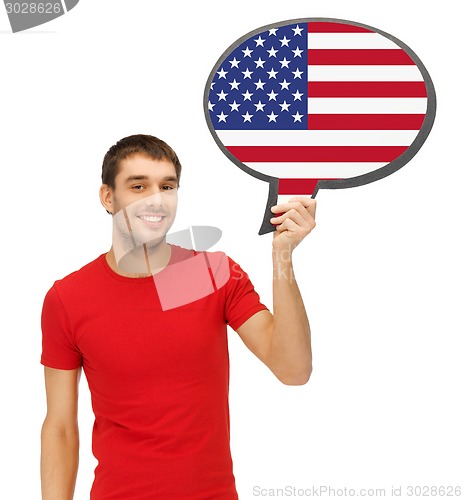 Image of smiling man with text bubble of american flag