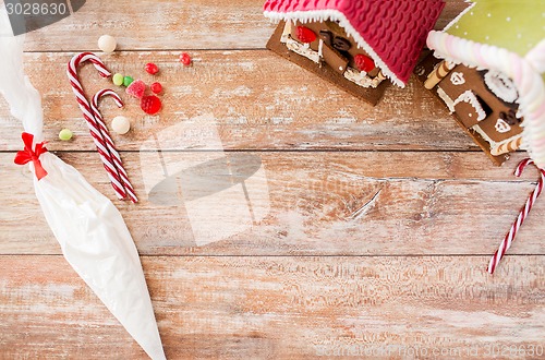 Image of closeup of beautiful gingerbread houses at home