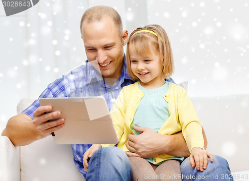 Image of happy father and daughter with tablet pc computer