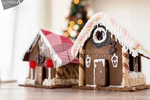 Image of closeup of beautiful gingerbread houses at home