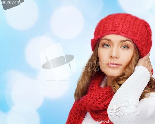 Image of close up of young woman in winter clothes