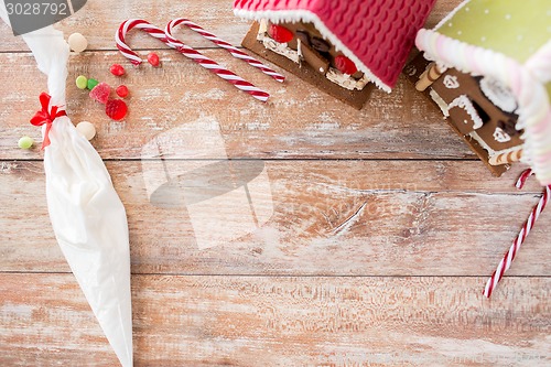 Image of closeup of beautiful gingerbread houses at home