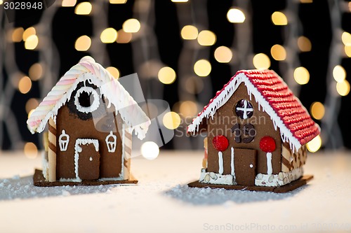 Image of closeup of beautiful gingerbread houses at home