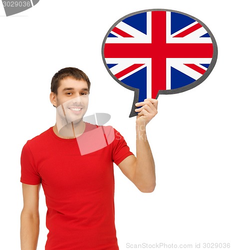 Image of smiling man with text bubble of british flag