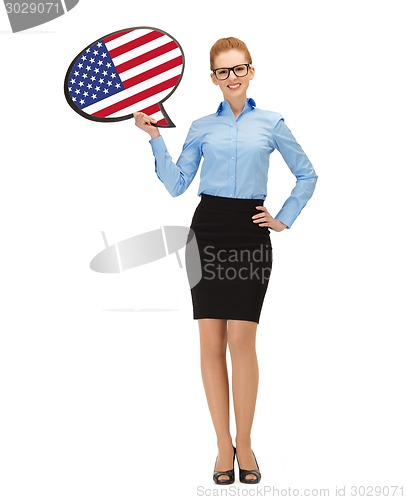 Image of smiling woman with text bubble of american flag