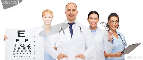 Image of group of smiling doctors with eye chart