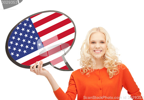 Image of smiling woman with text bubble of american flag