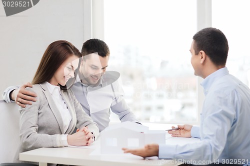 Image of couple looking at model of their house at office