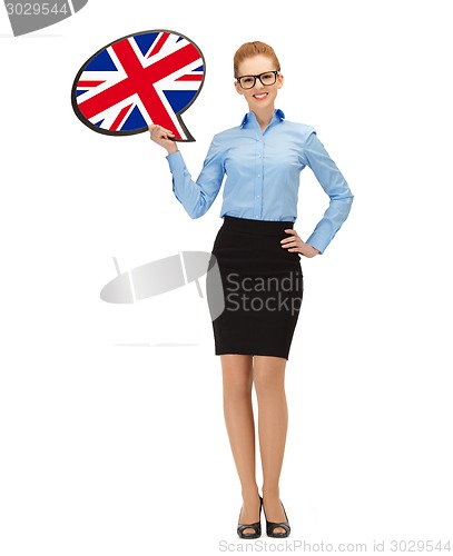 Image of smiling woman with text bubble of british flag