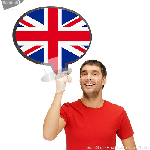 Image of smiling man with text bubble of british flag