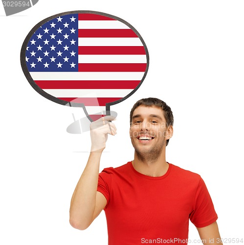 Image of smiling man with text bubble of american flag