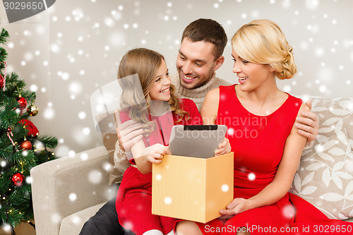 Image of smiling family taking tablet pc out from gift box