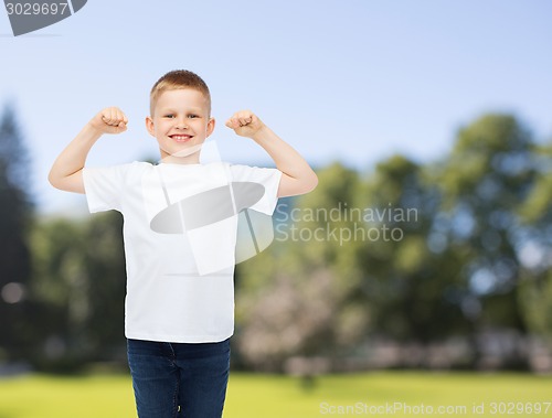 Image of smiling little boy in white blank t-shirt