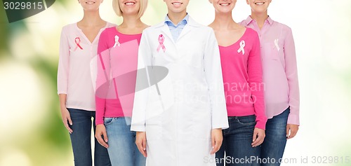 Image of close up of women with cancer awareness ribbons