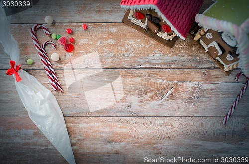 Image of closeup of beautiful gingerbread houses at home