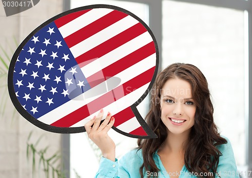 Image of smiling woman with text bubble of american flag