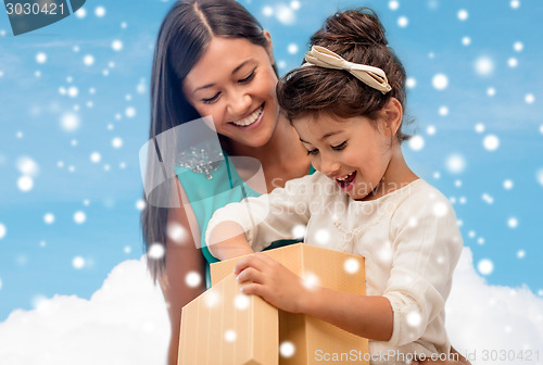 Image of happy mother and child girl with gift box