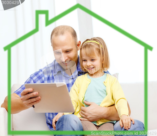 Image of happy father and daughter with tablet pc computer